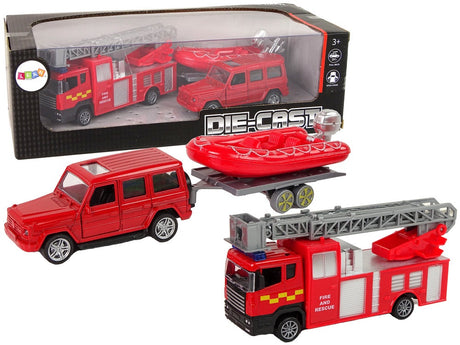 Brandfordon leksaksset 3 delar med stegbil, jeep & motorbåt med trailer