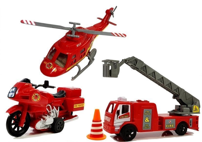 Brandfordon leksaksset med helikopter ljus/ljud inkl. varningsstolpar