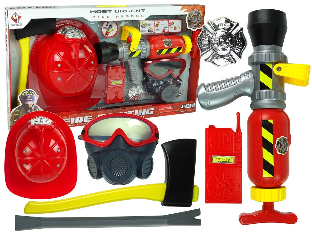 Brandmansset leksaker 7 delar med hjälm, mask och vattenbrandsläckare