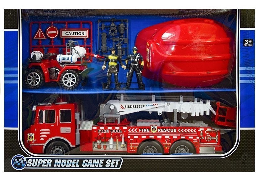Brandmansset med stor brandbil 49 cm, hjälm, ATV, 2 figurer & tillbehör