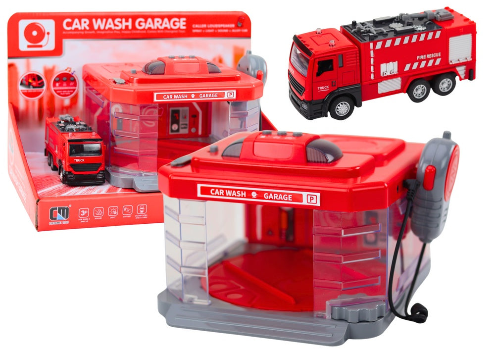Brandstation leksak med tvätt och garage, ljus/ljud, brandbil, walkie-talkie