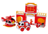 Brandstation leksaksset med brandbil, helikopter & motorcykel ljud 3+