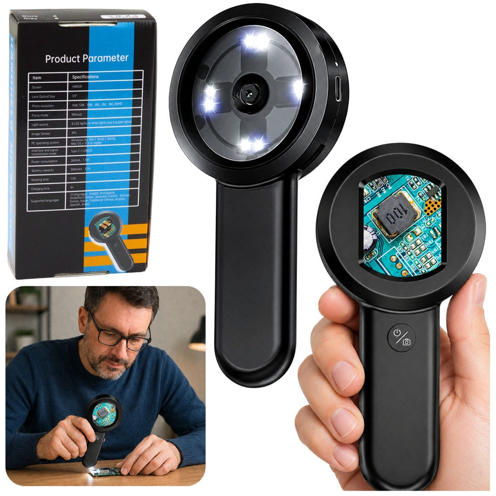 Bärbart digitalmikroskop 100x med IPS-skärm, USB-C, 8 LED