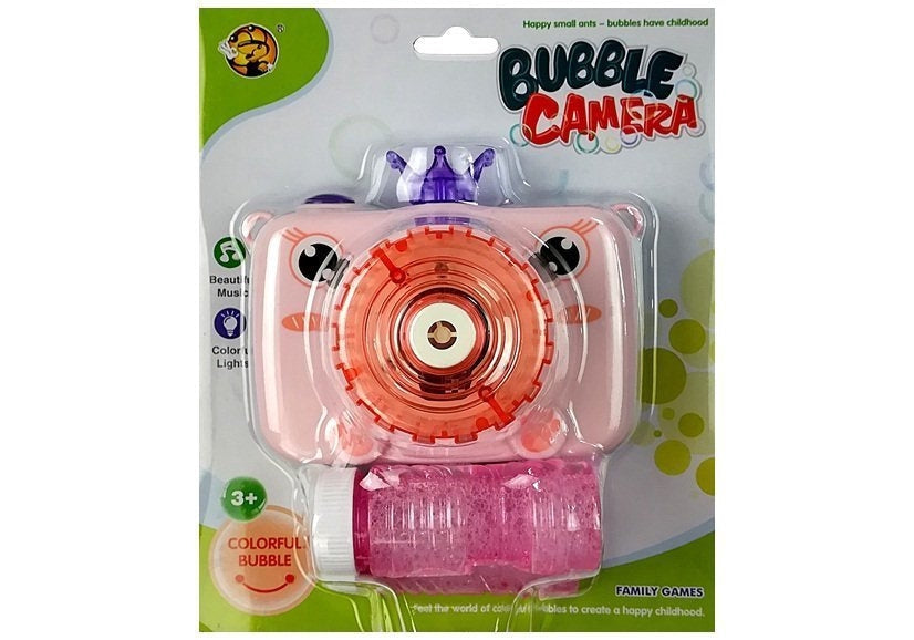 Bubbelkamera leksak rosa med ljus/ljud, rem och 2 bubbelvätskor