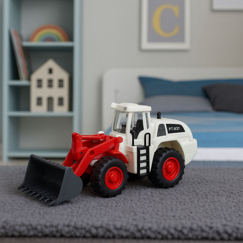 Byggfordon grävmaskin bulldozer med metallskopa ljus & ljud
