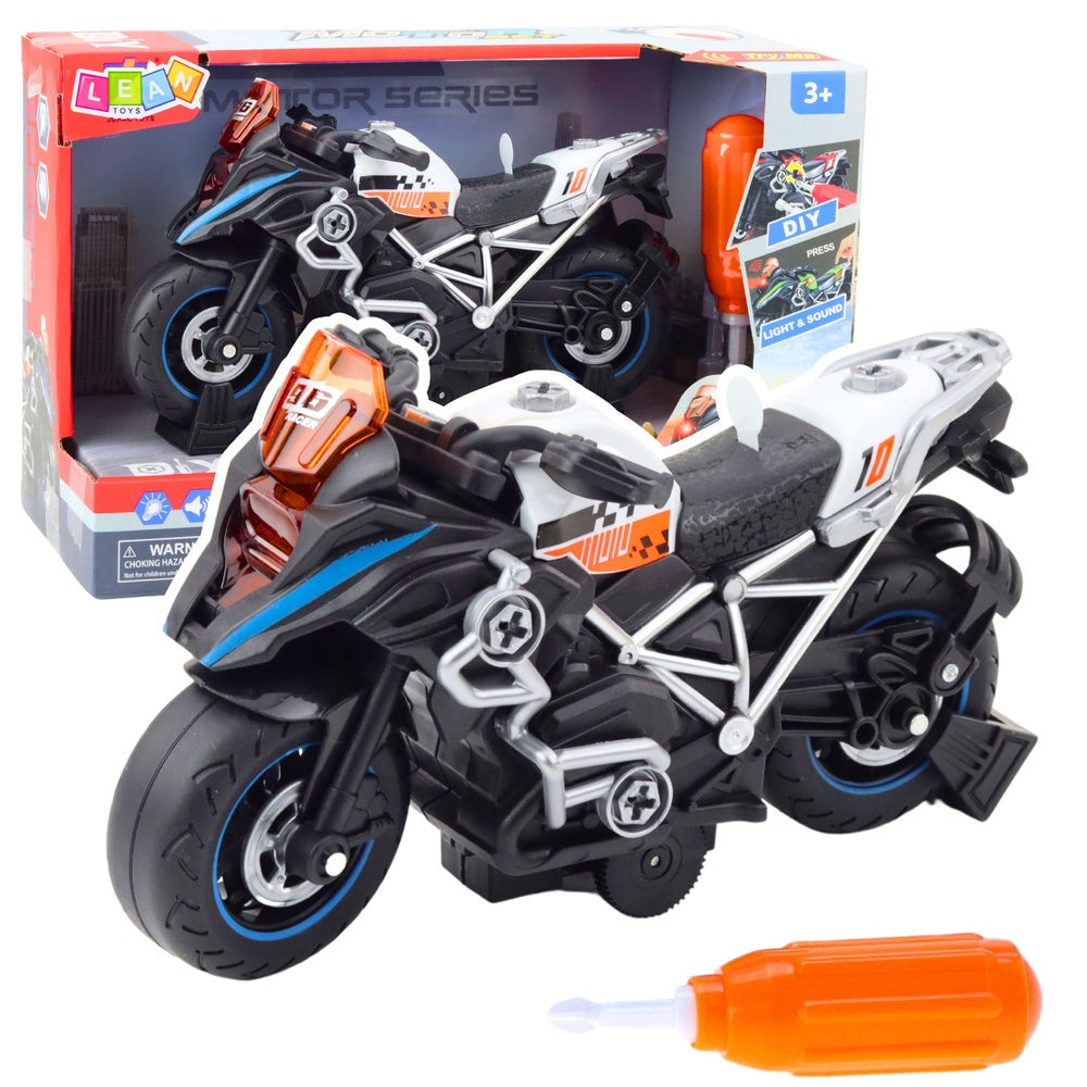 Byggleksak racingmotorcykel 20 cm med skruvmejsel, ljus/ljud