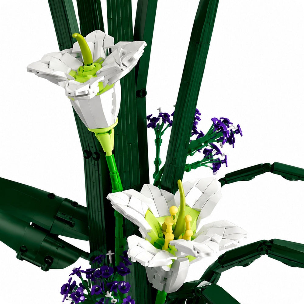 Byggsats blomkruka vita liljor 1513 delar byggblock 63 x 43,3 cm