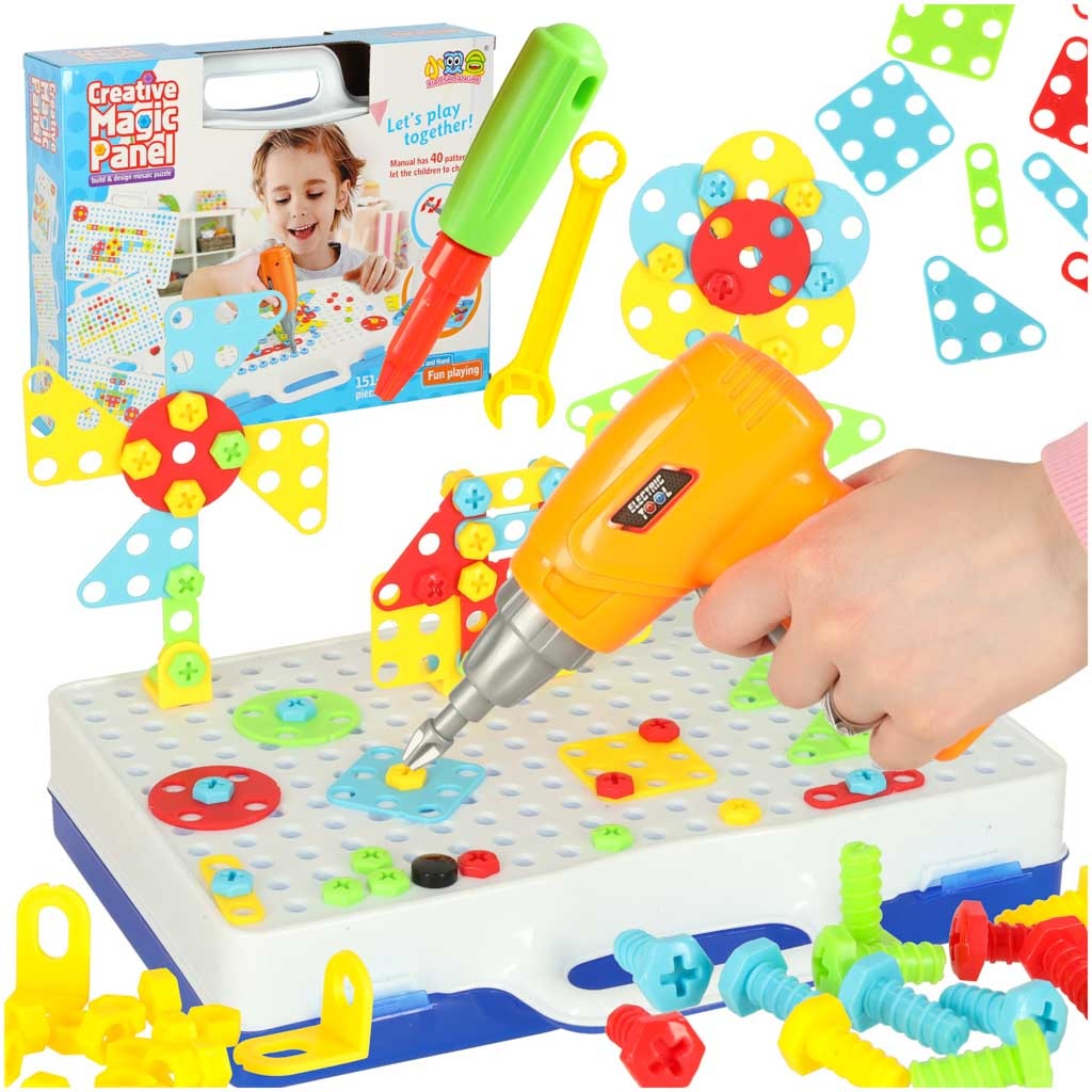 Byggset med borr och puzzleblocks i väska 151 delar