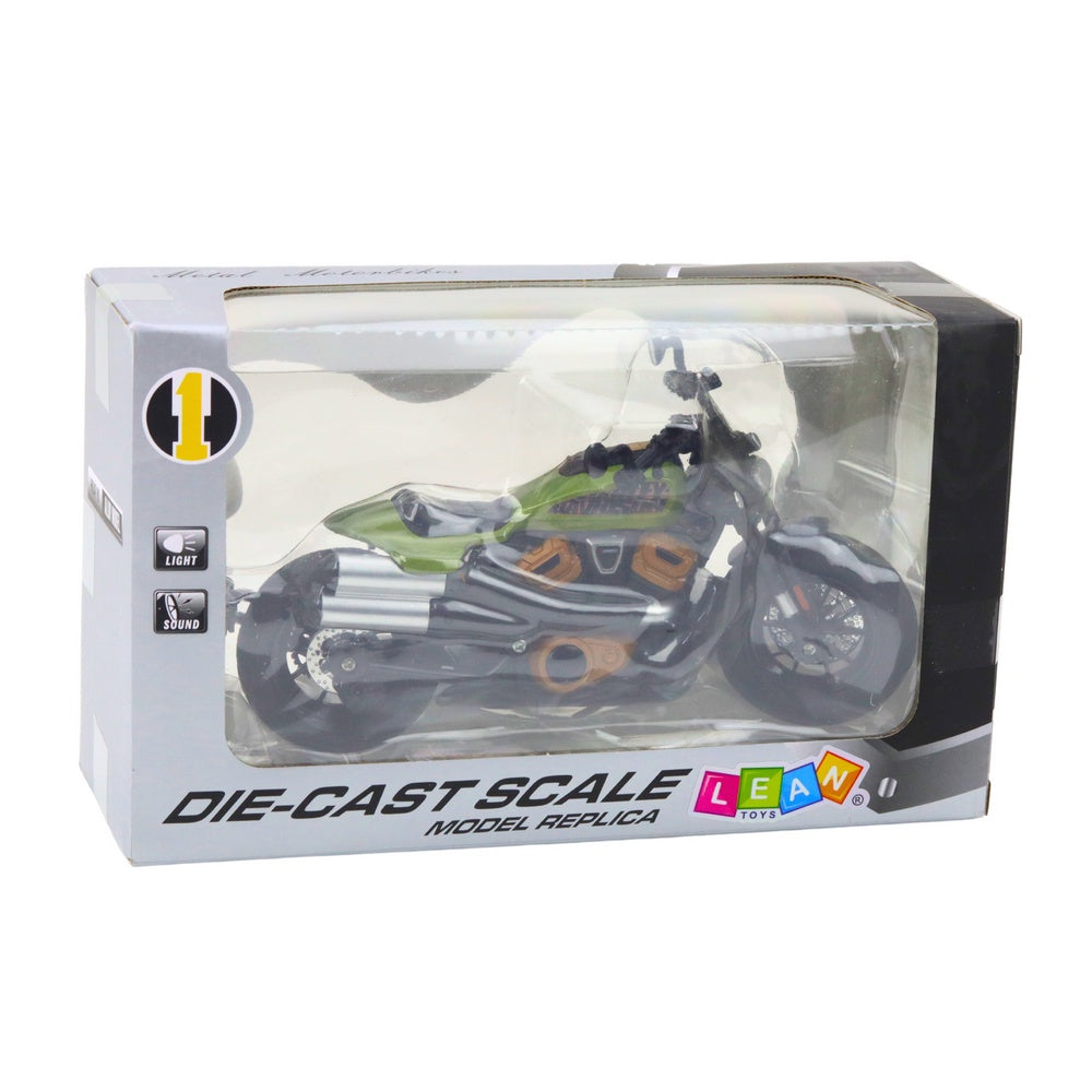 Choppermotorcykel modell 1:12 metall/plast 19 cm svart/grön