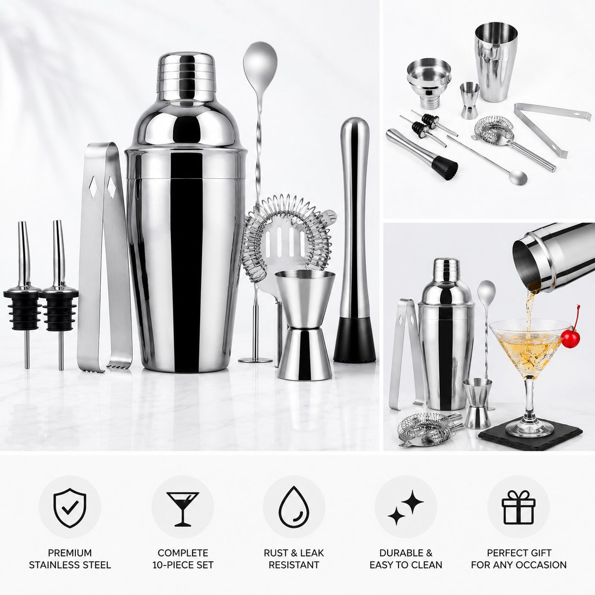 Cocktailset 8 delar rostfritt stål shaker 550 ml med sil och mått