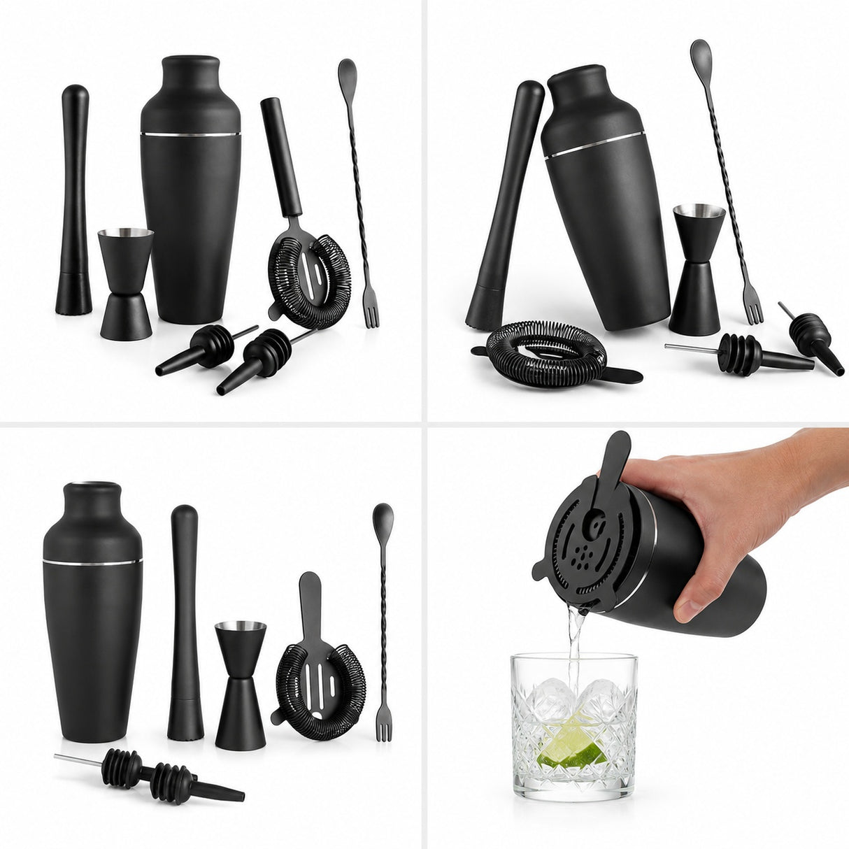 Cocktailshaker set rostfritt stål mattsvart med sil och dubbelmått