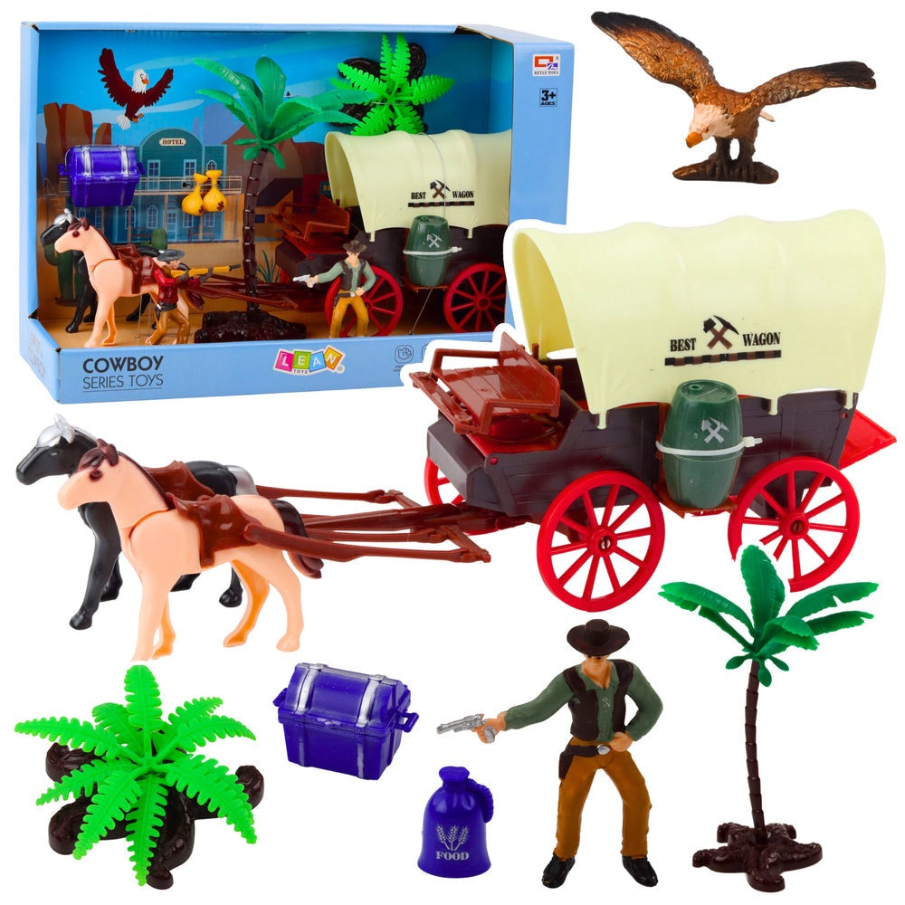 Cowboy leksaksset med westernvagn, 2 hästar, 2 figurer och tillbehör
