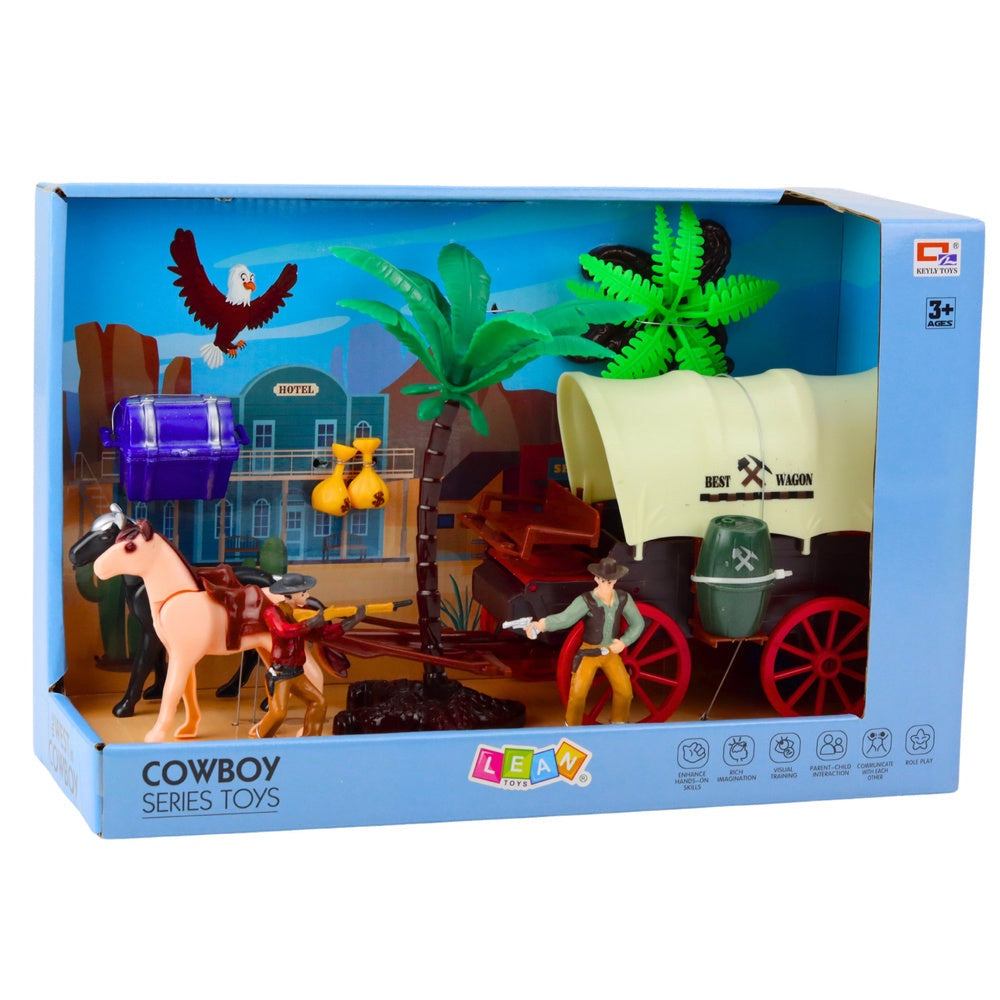 Cowboy leksaksset med westernvagn, 2 hästar, 2 figurer och tillbehör