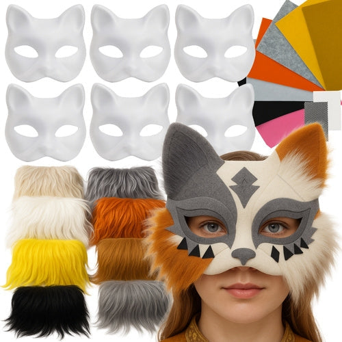 DIY kattmasker i filt 6-pack 17x18 cm vit pysselset för barn