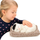 Dekorativ kattfigur sovande vit katt med mjau-ljud, kudde & väska