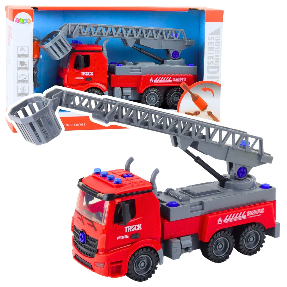 Demonterbar brandbil leksak 28 cm med skruvmejsel, rörlig stege 45 cm