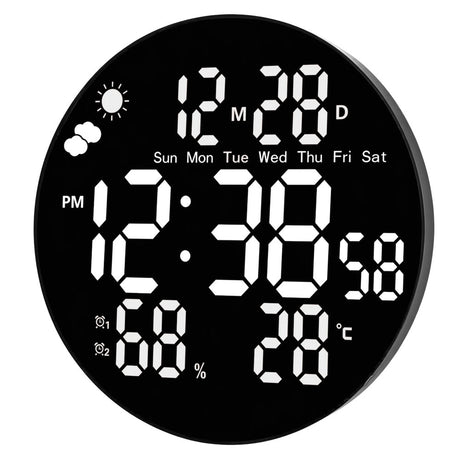 Digital LED-väggklocka 25,5 cm med fjärrkontroll, temp & fukt