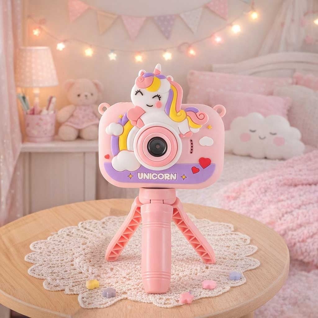 Digitalkamera för barn 1080P med fram/bakkamera enhörning rosa + stativ