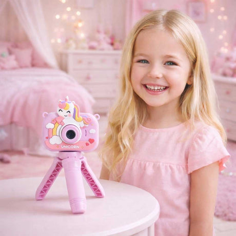 Digitalkamera för barn lila enhörning, dubbelkamera 1080P, mini-stativ
