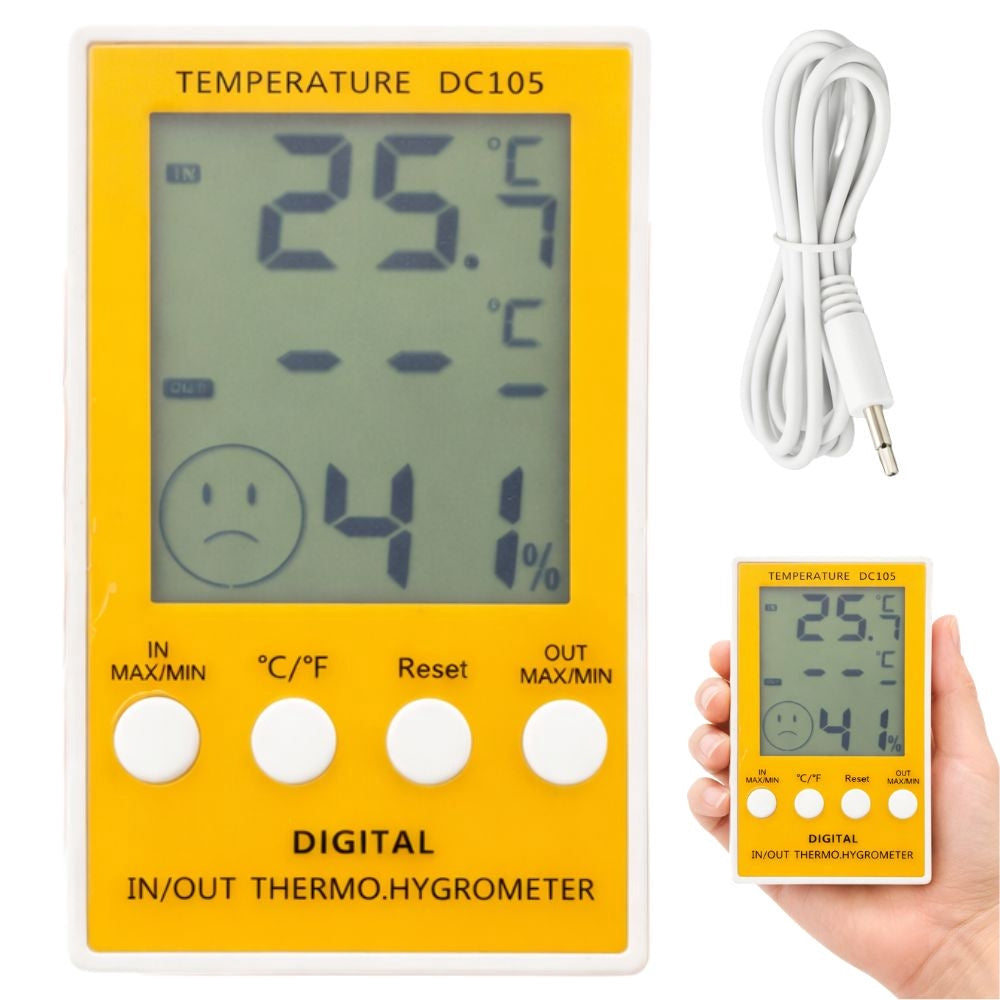 Digital termometer/hygrometer med extern probe -50 till 90°C gul/vit