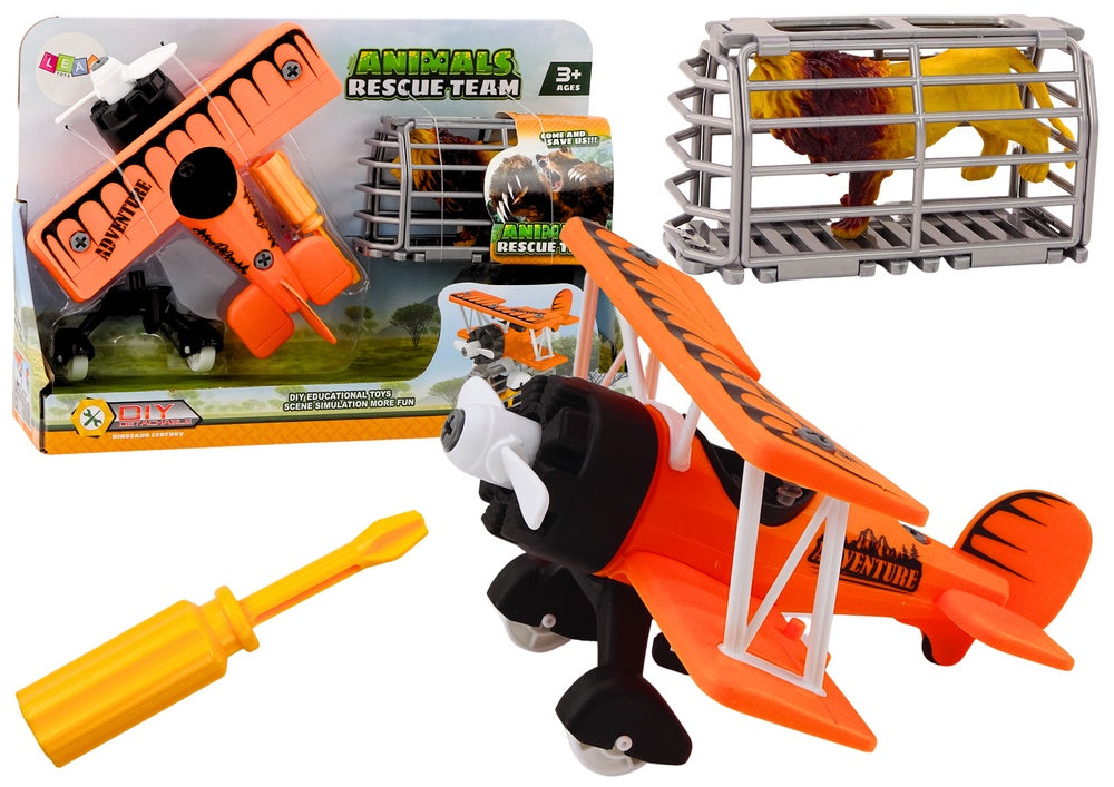 Djurtransportflygplan leksak med bur och lejonfigur, skruvmejsel, orange