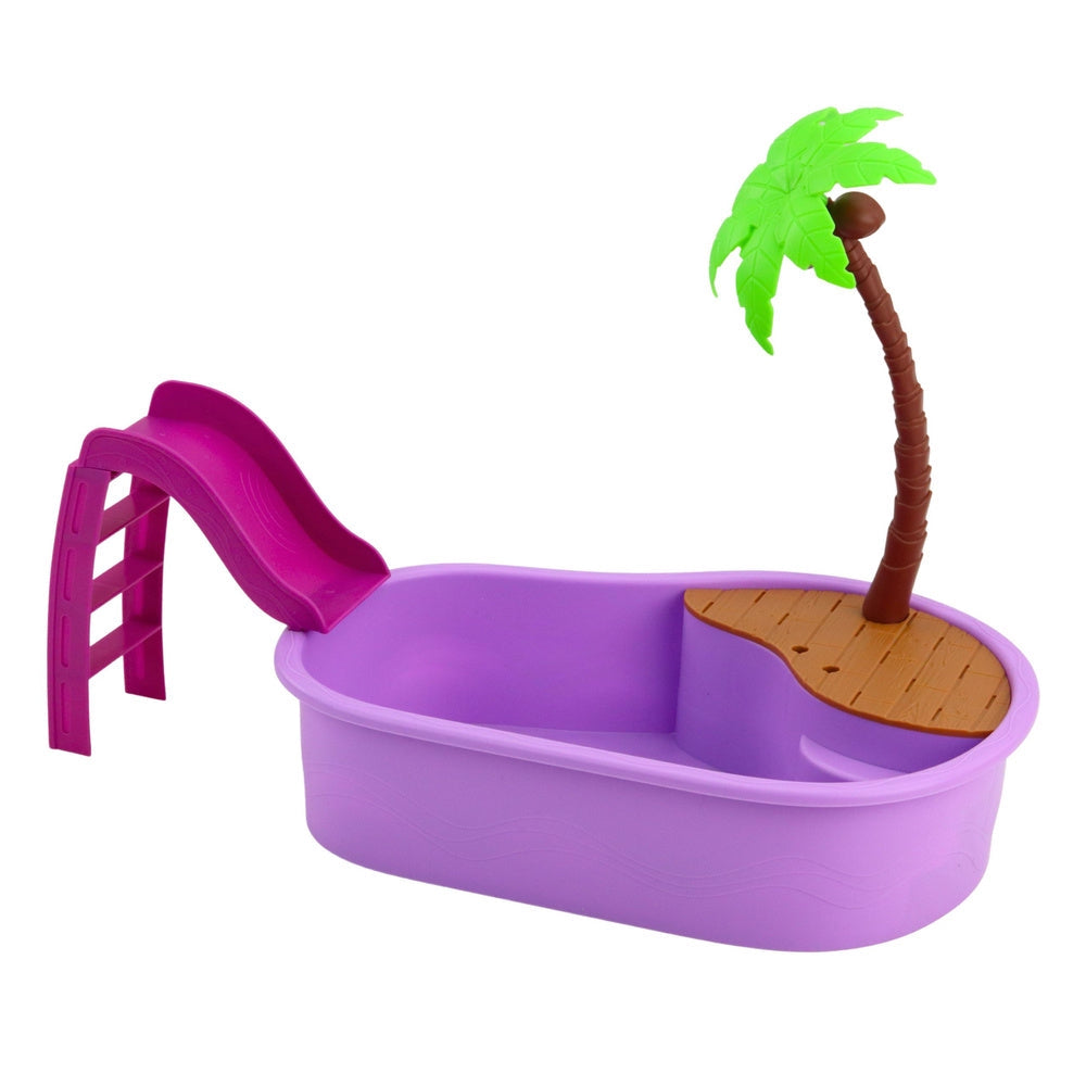 Docka 30 cm i baddräkt med pool, palmträd, rutschkana och tillbehör