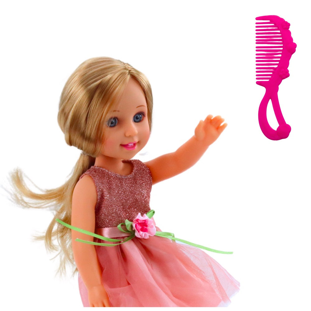 Docka 38 cm med kam, blondt hår, rosa klänning, rörliga armar/ben