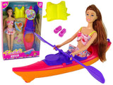 Docka med kajak set 29 cm rosa kajak med paddel och flytväst 3+