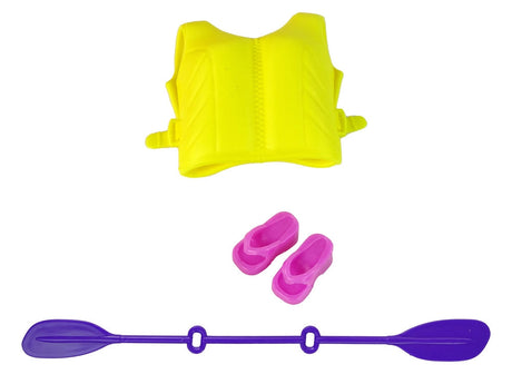 Docka med kajak set 29 cm rosa kajak med paddel och flytväst 3+