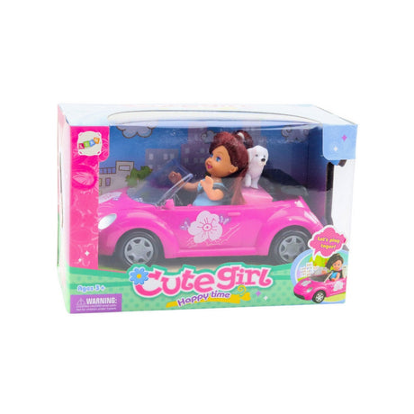 Docka med rosa cabriolet och hund, set 3 delar