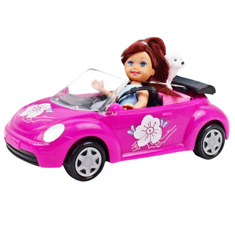 Docka med rosa cabriolet och hund, set 3 delar