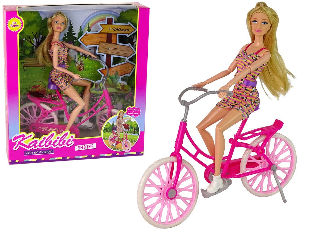 Docka med rosa cykel 30 cm, rörliga delar, leksaksset 3+ år