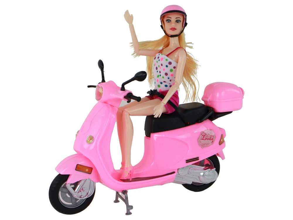 Docka med rosa scooter och hjälm, rörliga leder, från 3 år