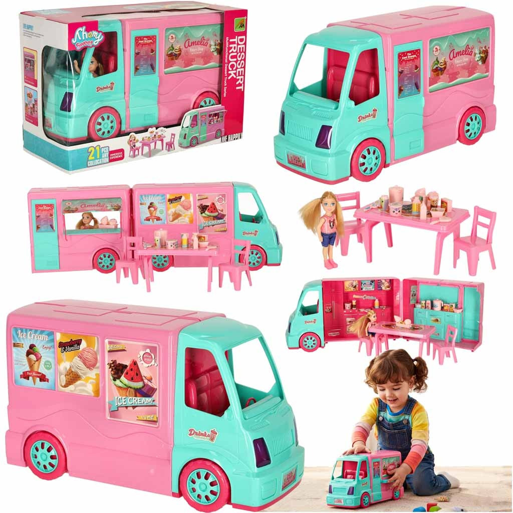 Dockbil 2-i-1 food truck/camper med docka och tillbehör 21 delar