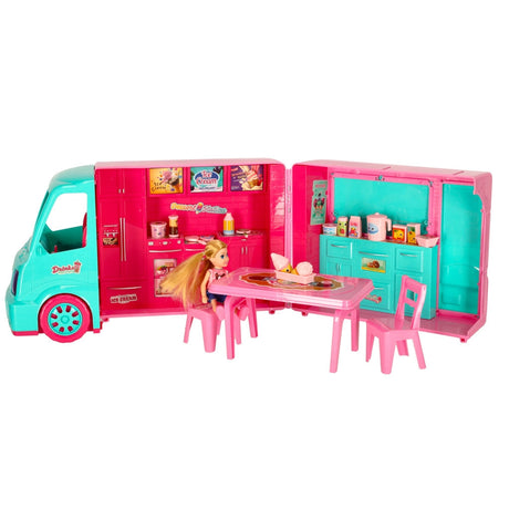 Dockbil 2-i-1 food truck/camper med docka och tillbehör 21 delar