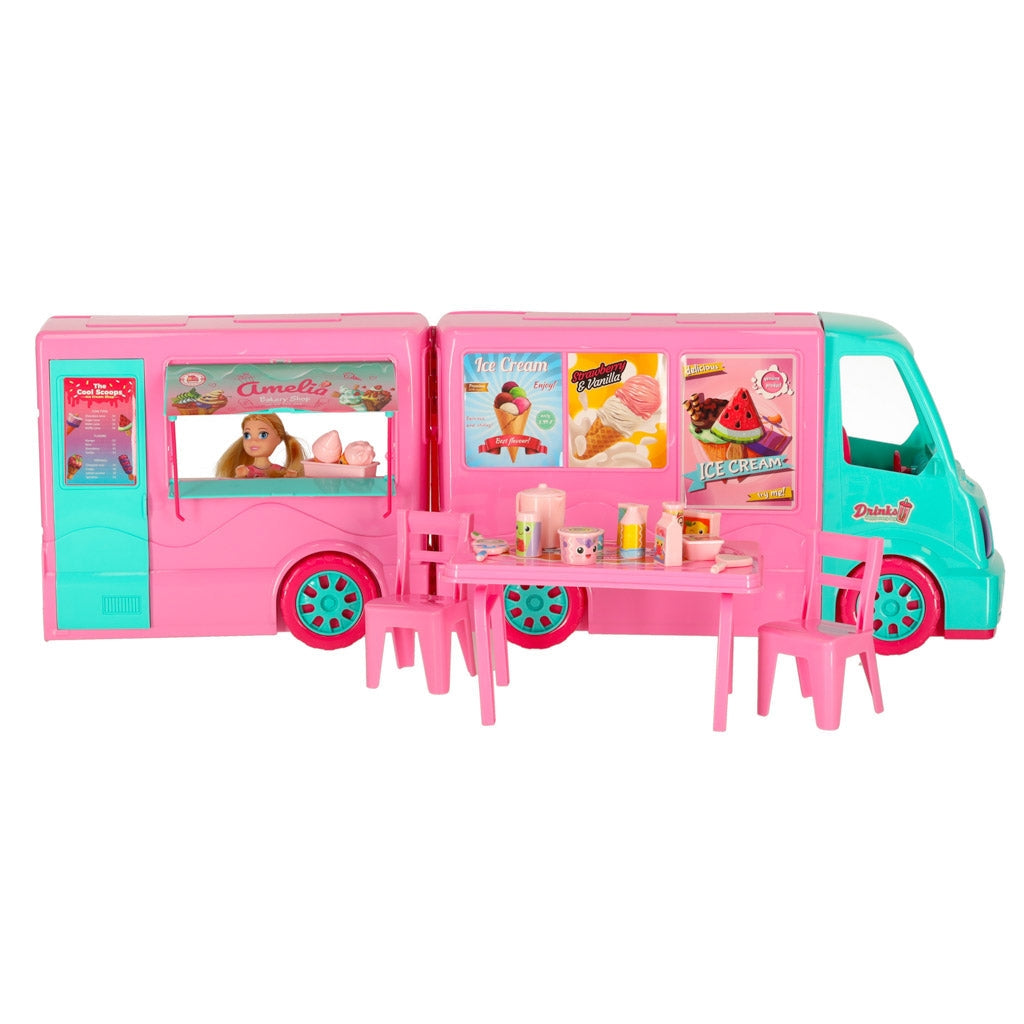 Dockbil 2-i-1 food truck/camper med docka och tillbehör 21 delar