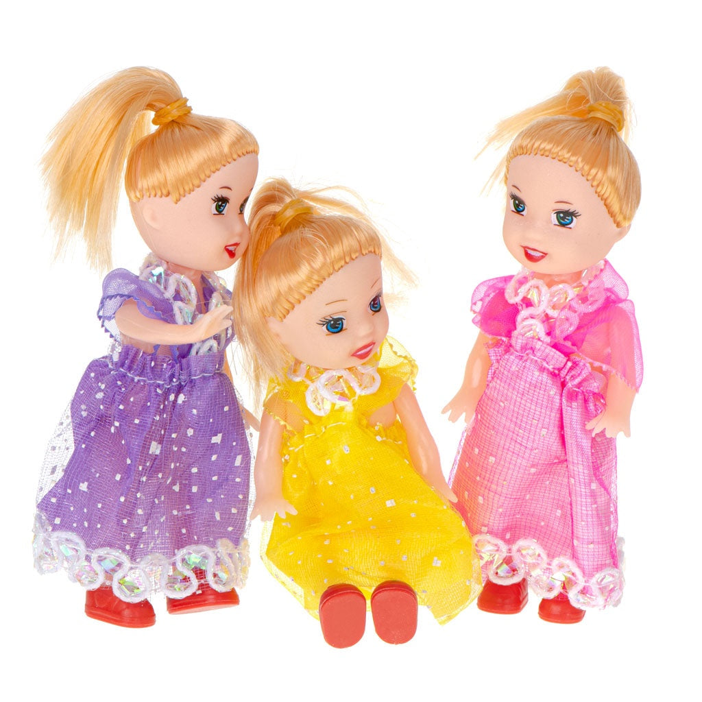 Dockhusdockor 10 cm 3-pack i plast med klänningar och röda skor
