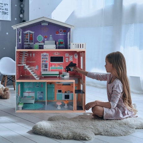 Dockhus i trä/MDF 114 cm, 3 våningar, 4 rum, 10 delar möbler
