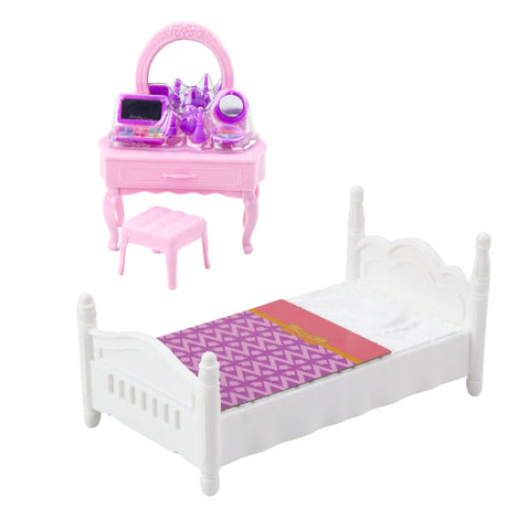 Dockset 13 cm med sminkbord, spegel och säng med sängkläder