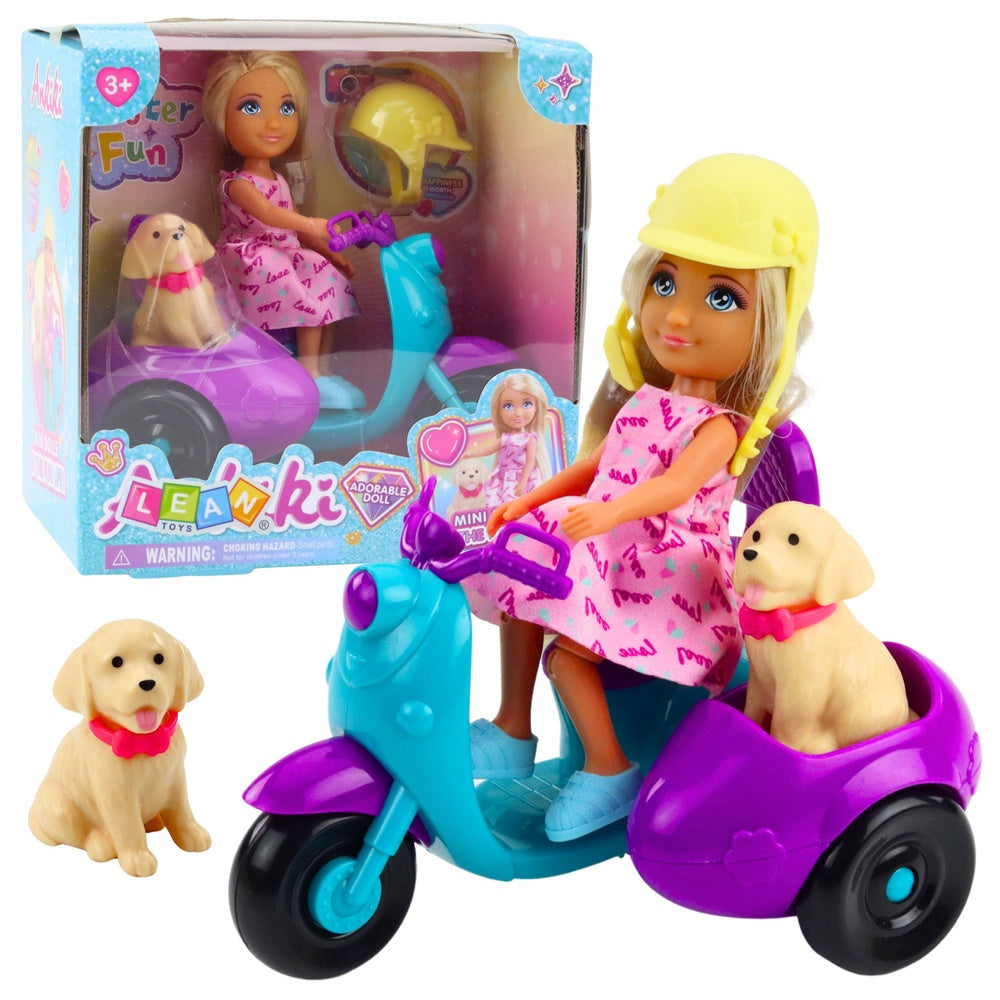 Dockset Ankiki 13 cm med trehjulig scooter, släpvagn och hund