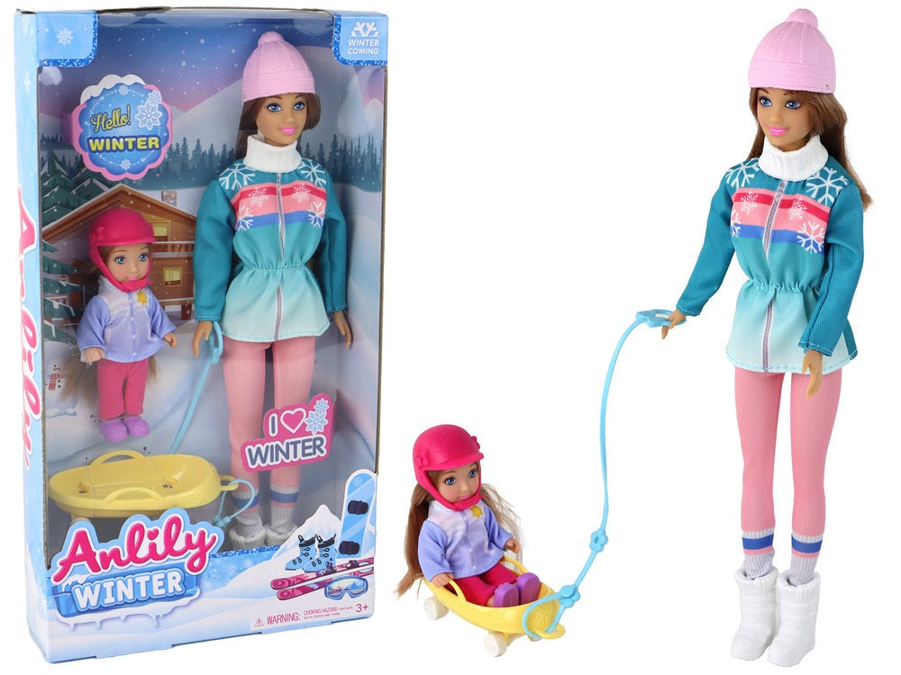 Dockset mamma och dotter med pulka, 31 cm + 12 cm