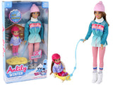Dockset mamma och dotter med pulka, 31 cm + 12 cm