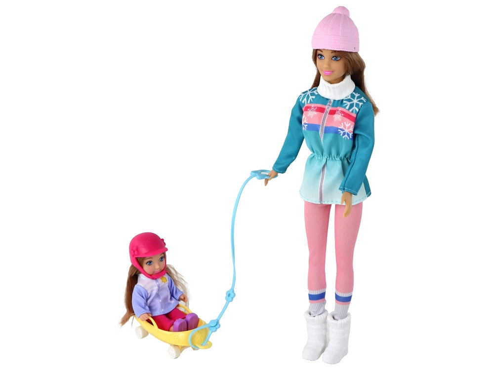 Dockset mamma och dotter med pulka, 31 cm + 12 cm