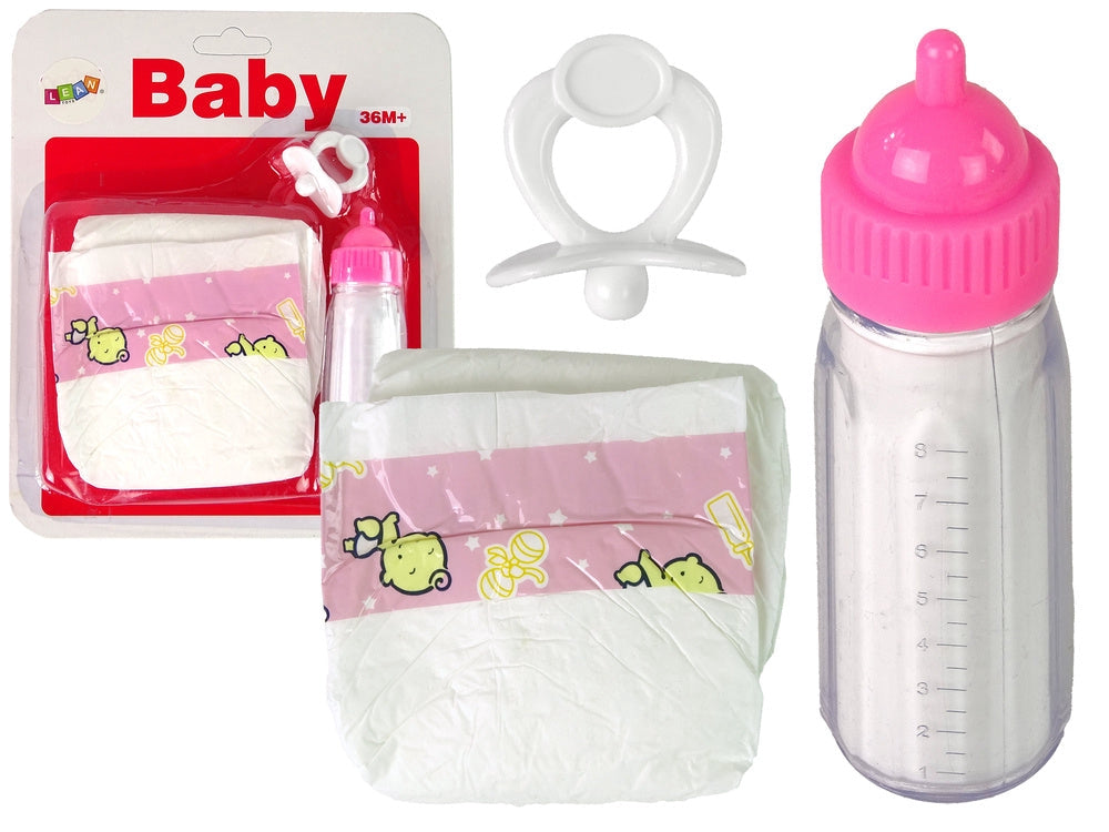 Docktillbehör set nappflaska, napp och blöja rosa, från 3 år