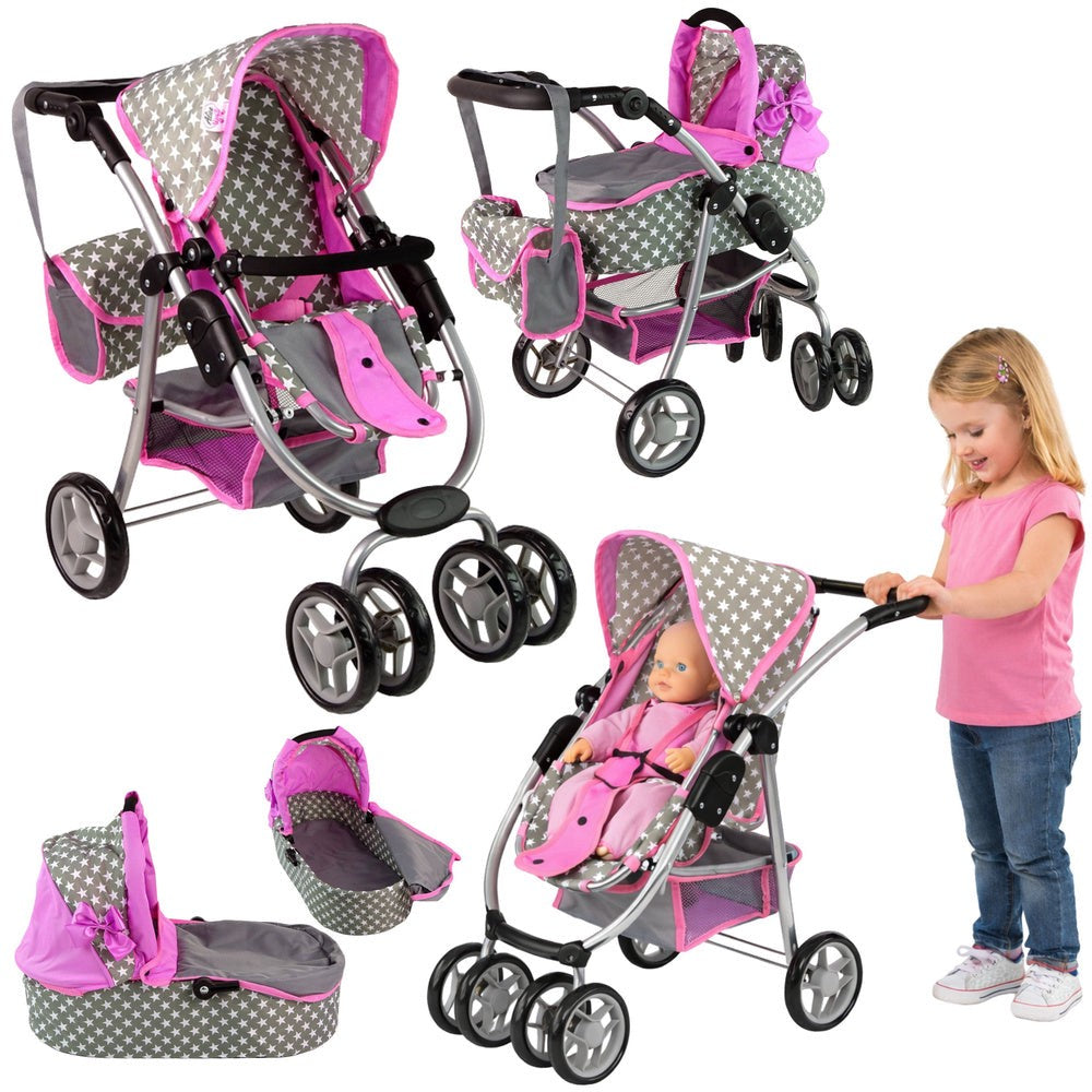 Dockvagn 2-i-1 med bärväska rosa stjärnor för docka ca 40 cm