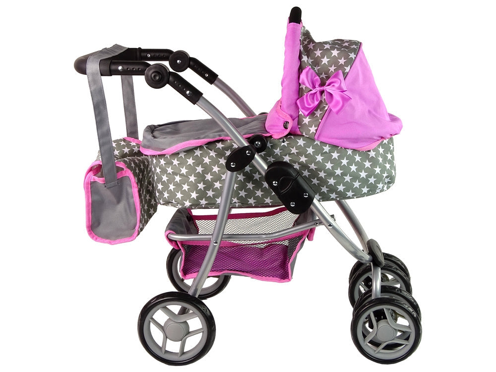 Dockvagn 2-i-1 med bärväska rosa stjärnor för docka ca 40 cm