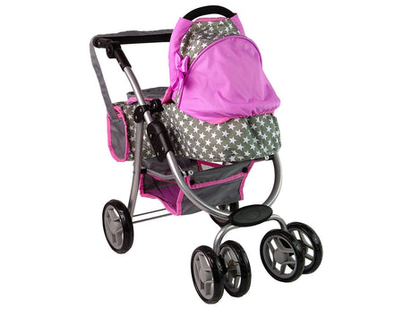 Dockvagn 2-i-1 med bärväska rosa stjärnor för docka ca 40 cm