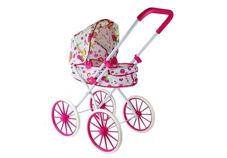Dockvagn retro med stora hjul blommönster rosa, handtagshöjd 75 cm
