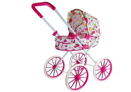 Dockvagn retro med stora hjul blommönster rosa, handtagshöjd 75 cm