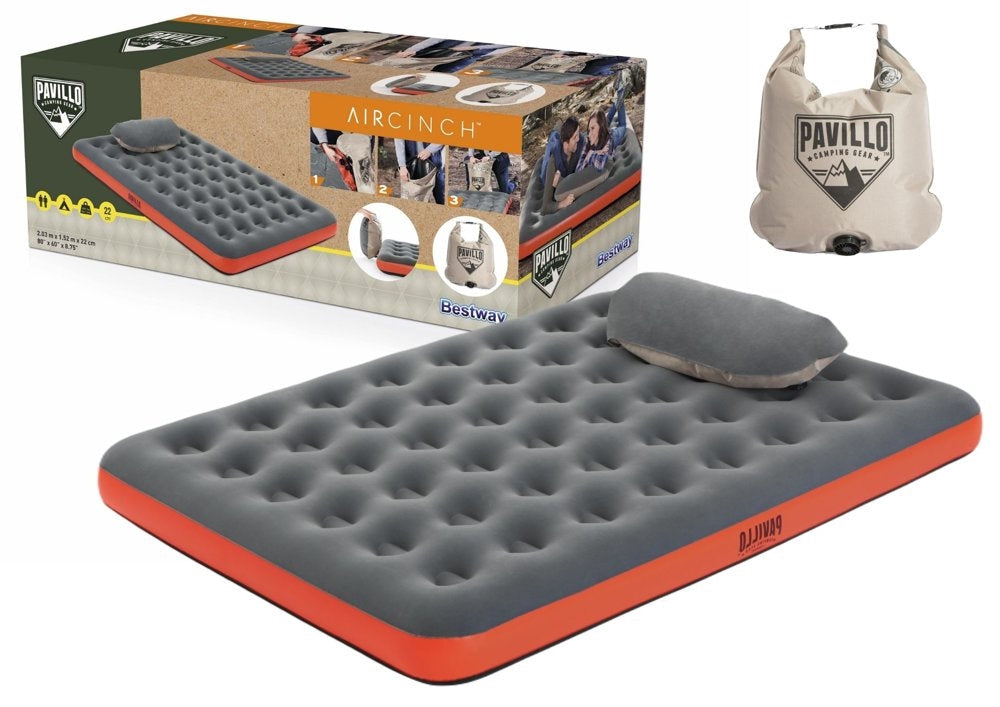 Dubbel luftmadrass 203x152x22 cm med AirCinch-pump och 2-i-1 kudde